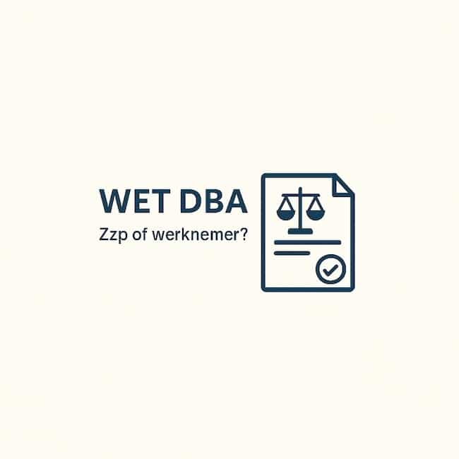 Illustratie over de Wet DBA met de tekst “Zzp of werknemer?”, een juridisch document en een weegschaal – symbool voor de keuze tussen zelfstandigheid en loondienst.